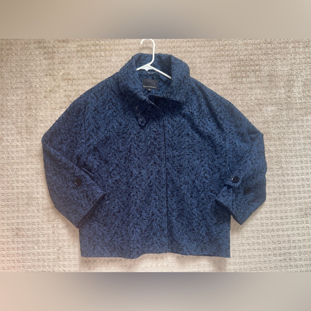Banana Republic Blue Textured Crop Jacket Buckle Collar Womens L - Picture 2 of 13